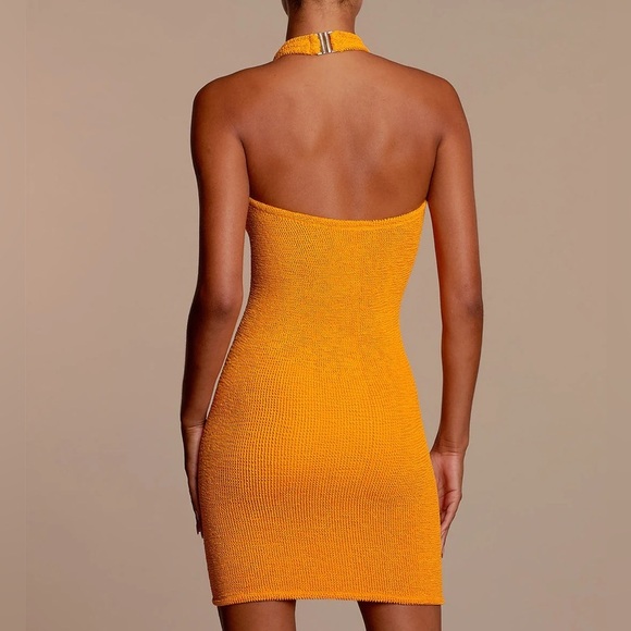 New Hunza G Dress Seersucker Mini Mango Sorbet Orange Yellow Halter Cute Polly - Picture 3 of 12